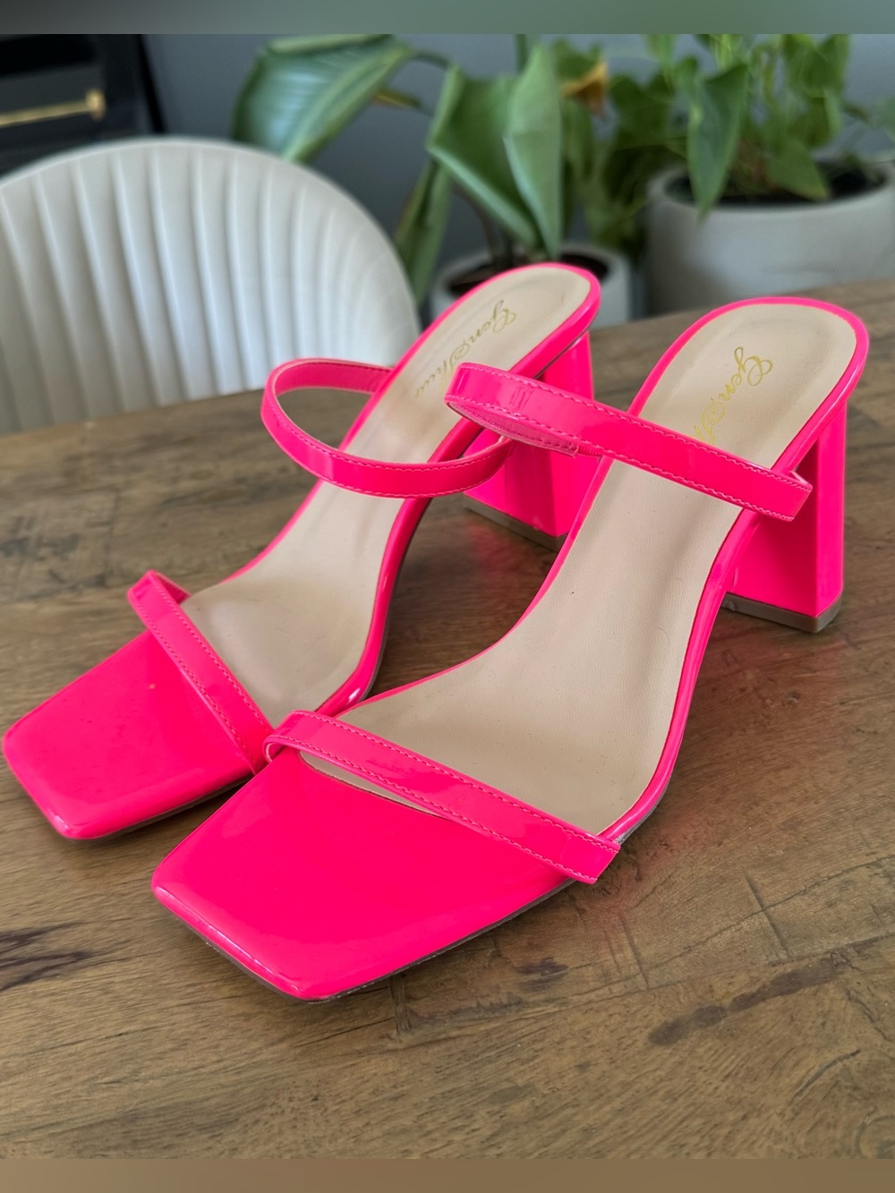 Neon Hot Pink Strappy Block Heel Mules